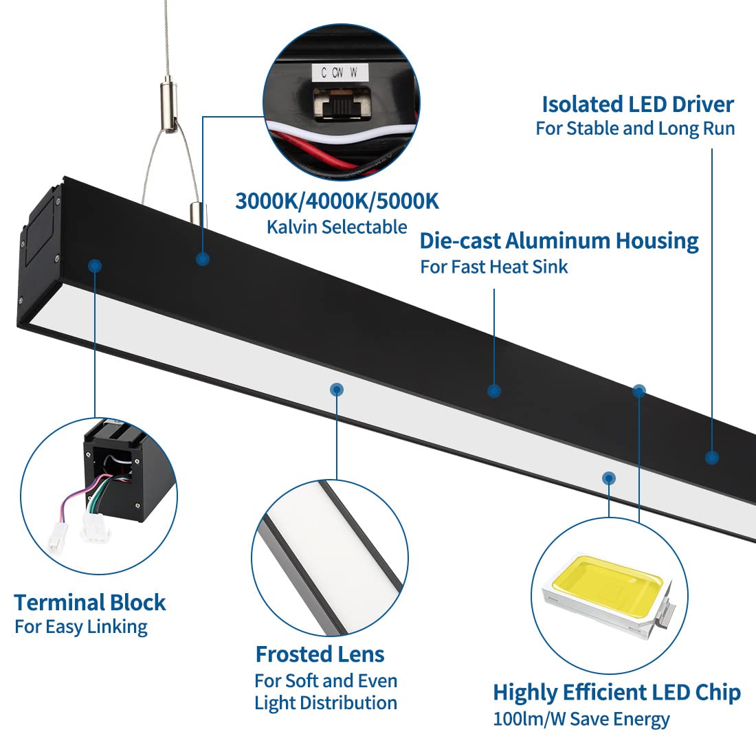 DAKASON 4FT Linkable LED Linear Light, 35W Down and 15W Up Light, 3/4/5000K CCT Selectable, Commercial Linear Lighting Fixture for Office, Dimmable Suspended Lighting for School 4Pack Black