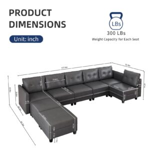 LLappuil Modular Sectional Sofa with Reversible Chaise, U Shaped Couch with Storage, Modern Faux Leather Fabric Sofa with Ottoman, Oversized Sectionals for Living Room, 8 Seat, Dark Grey