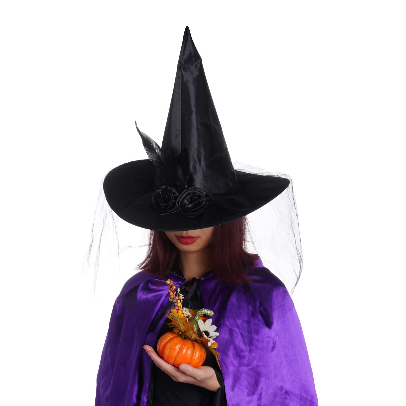 hoyuwak Black Witch Hat for Women Halloween Feather Witch Hat with Veil Roses Mesh Wizard Accessories for Women Girls Costume Dress Up Masquerade Cosplay