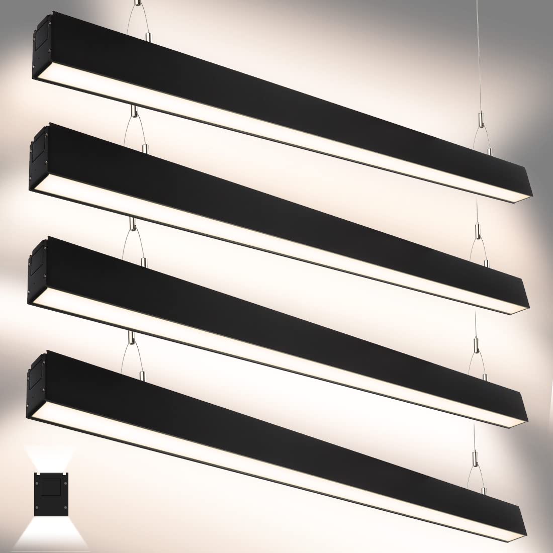 DAKASON 4FT Linkable LED Linear Light, 35W Down and 15W Up Light, 3/4/5000K CCT Selectable, Commercial Linear Lighting Fixture for Office, Dimmable Suspended Lighting for School 4Pack Black