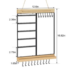 Feyejade Hanging Jewelry Organizer, 5-Tier Wall Earring Holder with Wooden Ring Groove, Jewelry Rack Wall Mounted for Earrings, Necklaces, Bracelets and Rings, Jewelry Holder Stand