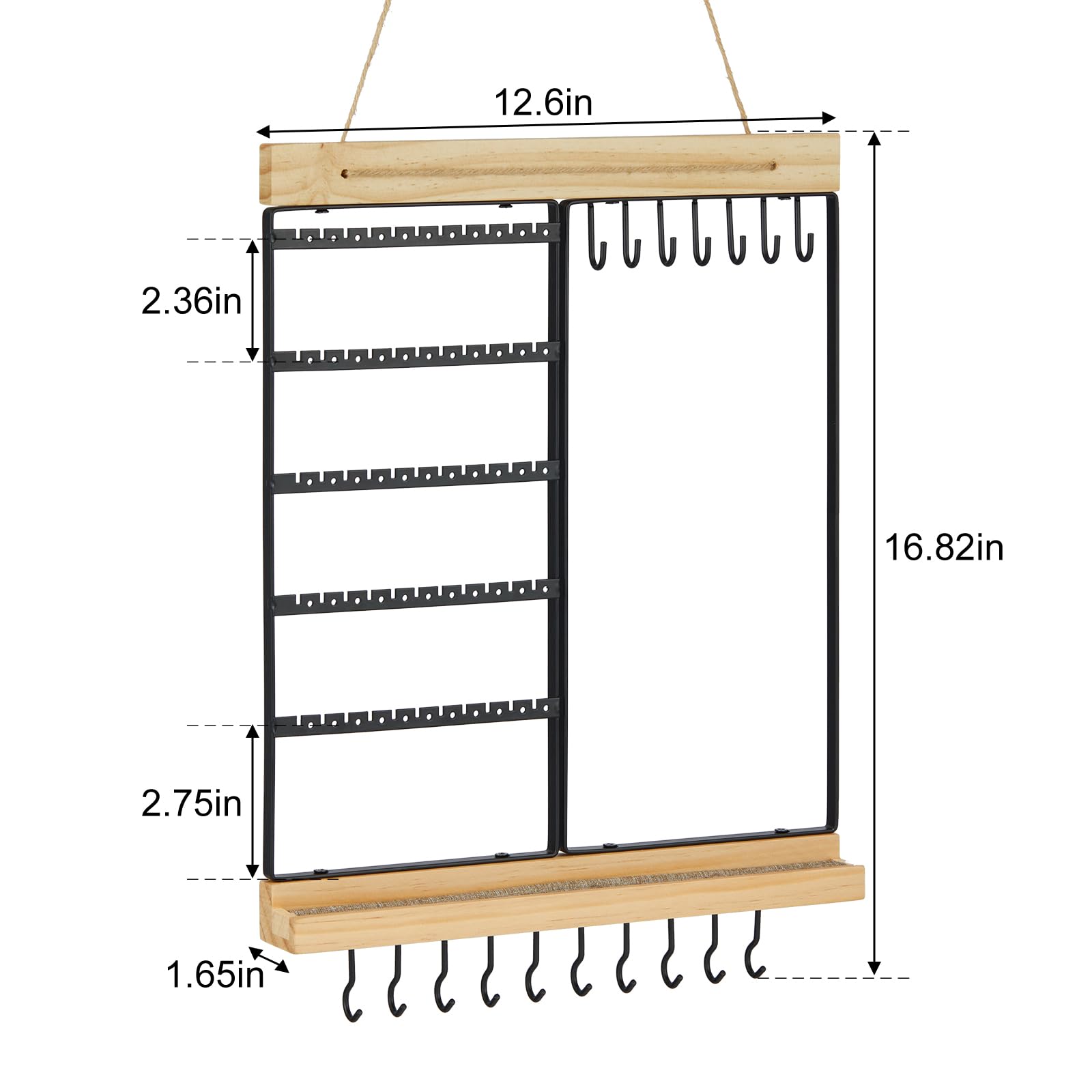 Feyejade Hanging Jewelry Organizer, 5-Tier Wall Earring Holder with Wooden Ring Groove, Jewelry Rack Wall Mounted for Earrings, Necklaces, Bracelets and Rings, Jewelry Holder Stand