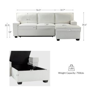 HULALA HOME Modern Sectional Sleeper Sofa, 3-seat L-Shaped Wide Couch with Storage Chaise, Pull Out Sleeper for Small Space, Living Room, Apartment and Office(White)