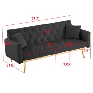 DNChuan Velvet Futon Sofa Bed,3 Seater/Plus-Loveseat Sleeper Sofa,Button Tufted with 2 Pillows and Gold Metal Legs, Easy Assembly-Black