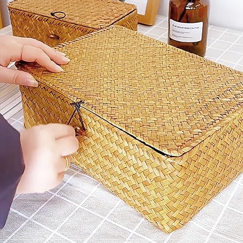 Seagrass Storage Basket, Rectangular Seagrass Basket, Natural Seagrass Storage Basket Woven Rectangular Shelf Basket Bins with Lids Desktop Organizer Wicker Baskets for Organizing(L)