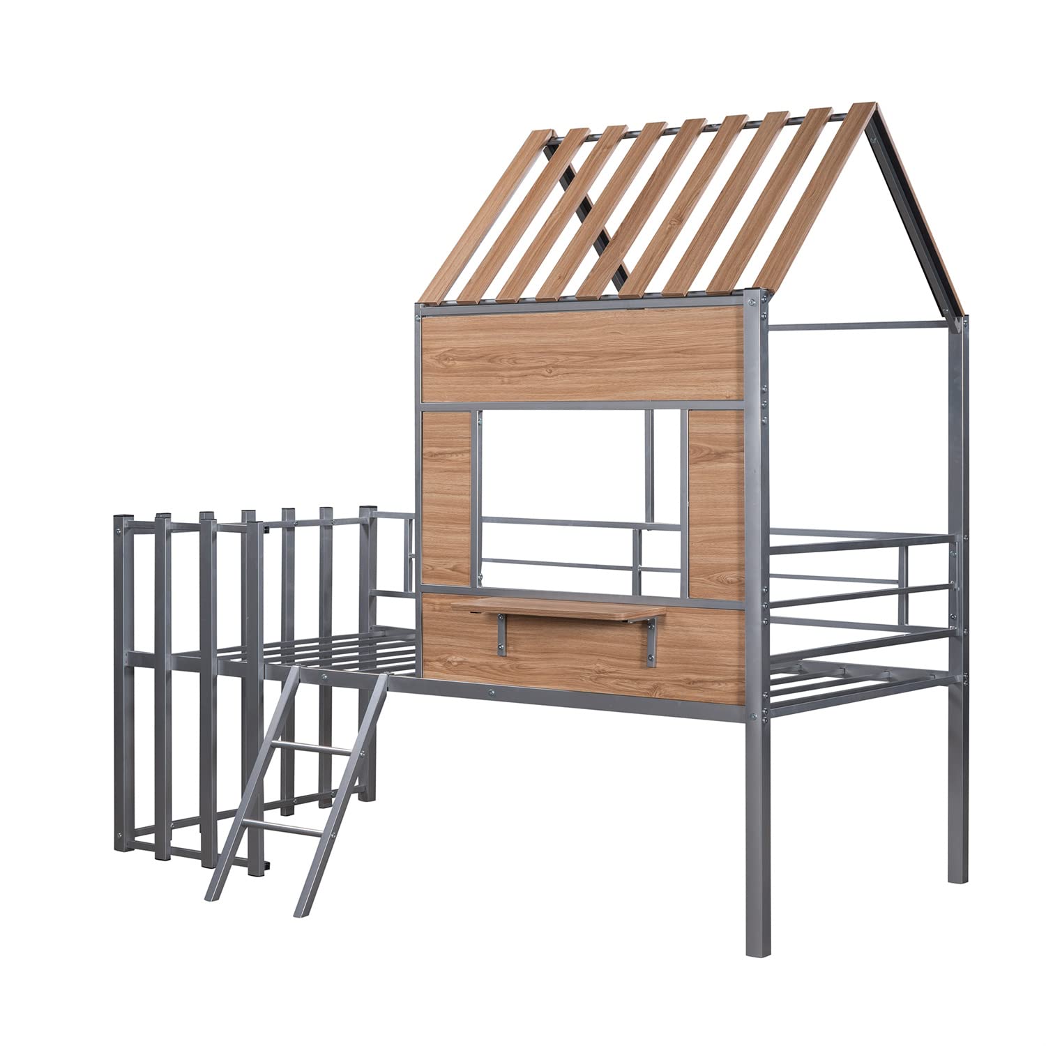 Bellemave Twin House Beds Low Loft Bed Frames Metal Toddler Tree House Bed with Windows and Roof for Kids Teens Girls Boys, Silver