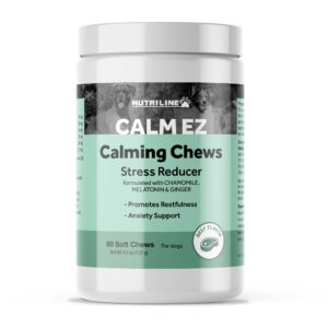 nutriline labs calm ez calming dog chews - calming chews for dogs with chamomile, melatonin & ginger - help aid stress relief during travel, grooming, or separation - beef flavor, usa made, 60 count