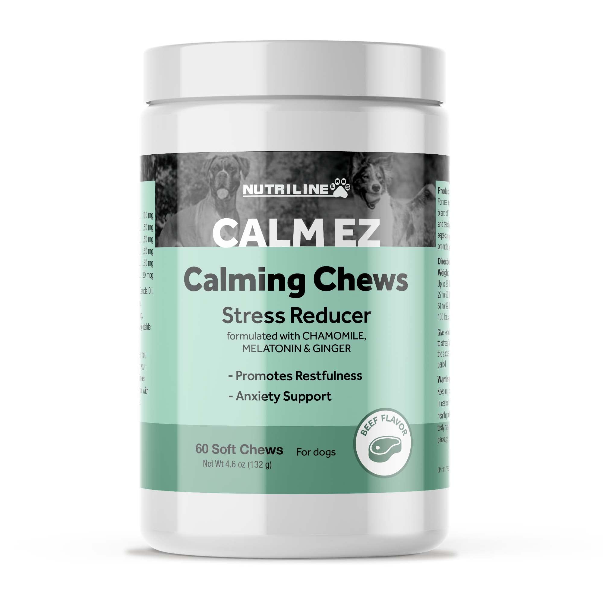 Nutriline Labs Calm EZ Calming Dog Chews - Calming Chews for Dogs with Chamomile, Melatonin & Ginger - Help Aid Stress Relief During Travel, Grooming, or Separation - Beef Flavor, USA Made, 60 Count