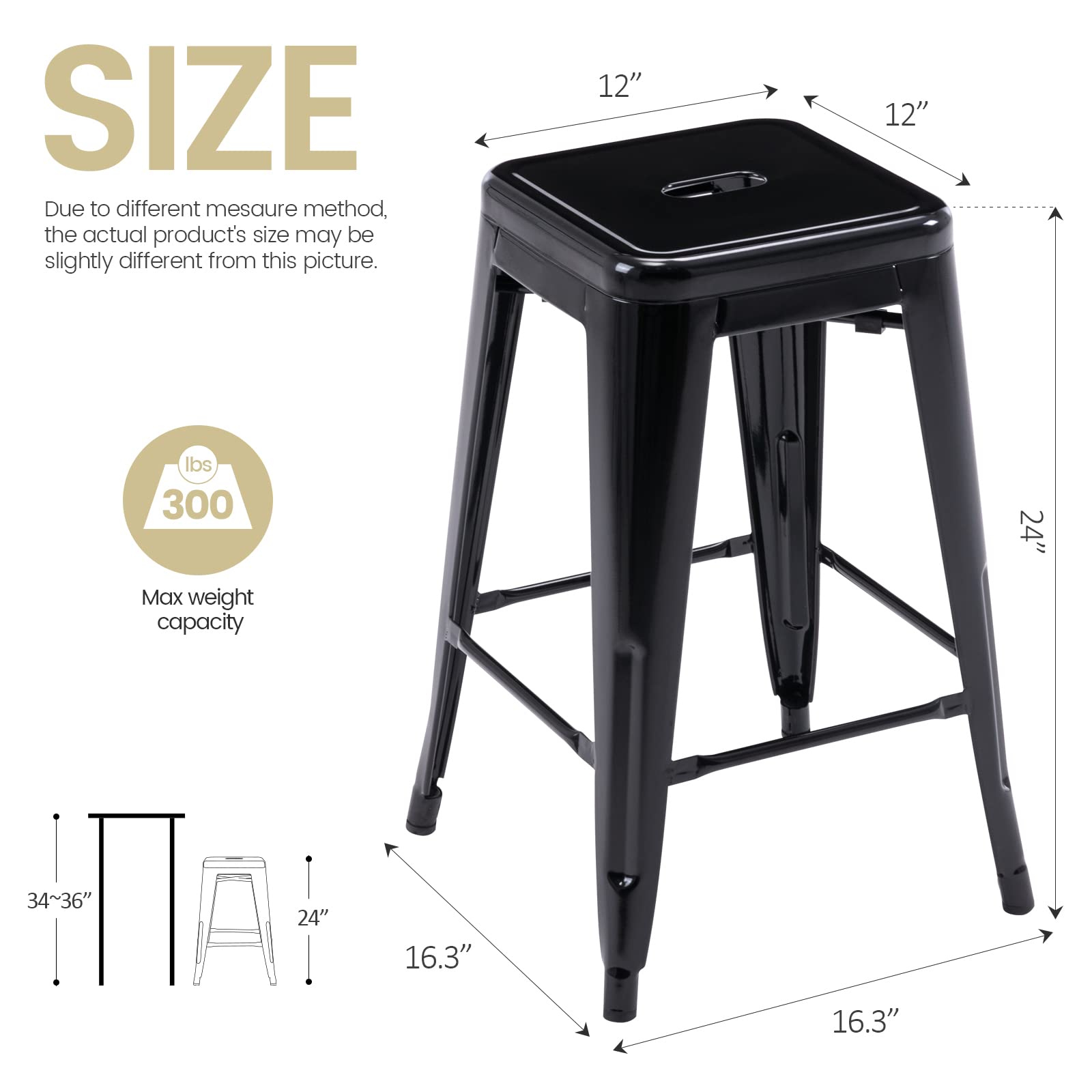 Vogue Furniture Direct 24 Inch Metal Bar Stools, Backless Counter Height Barstools, Indoor Outdoor Stackable Stools with Square Seat, Set of 4 (Black)