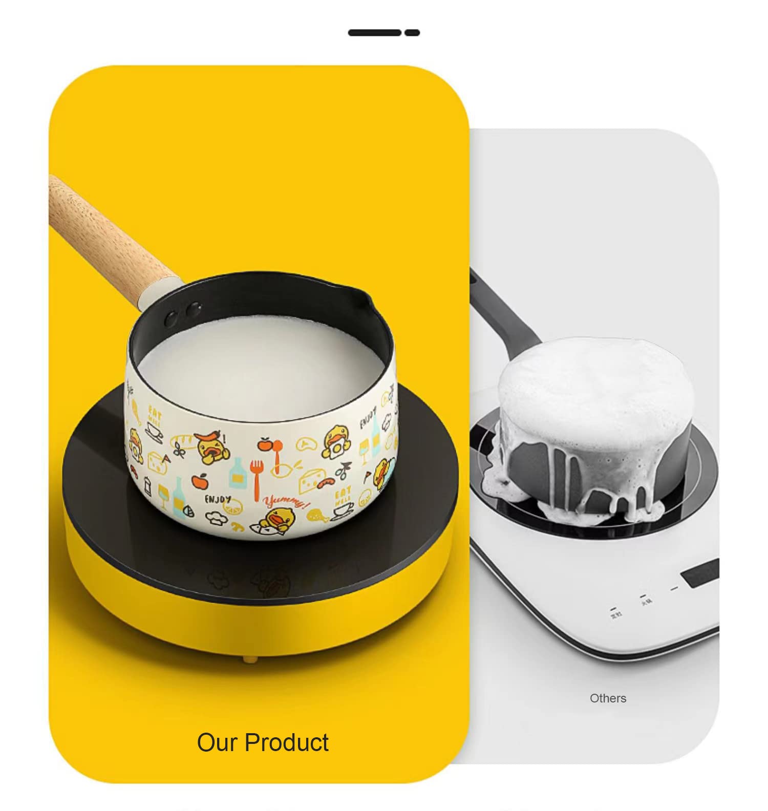 Cooker King x B. Duck 6 inch Milk Pot with Lid, Non-Stick Sauce Pan, Yellow Duck Pattern Small Cookware with Wood Handle-Yellow & White