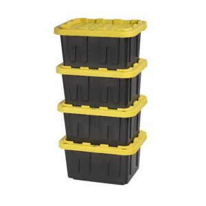 black & yellow® 5-gallon tough storage containers with lids, stackable, extremely durable, [4-pack]