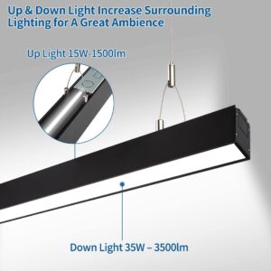 DAKASON 4FT Linkable LED Linear Light, 35W Down and 15W Up Light, 3/4/5000K CCT Selectable, Commercial Linear Lighting Fixture for Office, Dimmable Suspended Lighting for School 4Pack Black