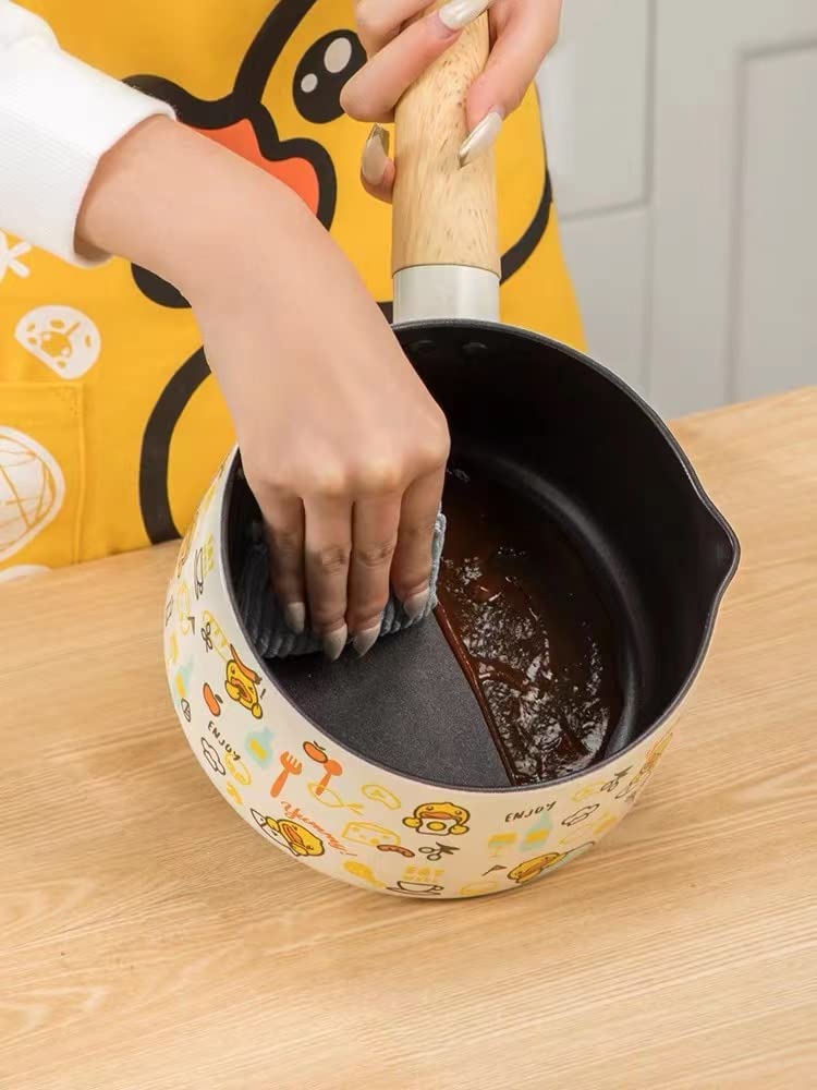 Cooker King x B. Duck 6 inch Milk Pot with Lid, Non-Stick Sauce Pan, Yellow Duck Pattern Small Cookware with Wood Handle-Yellow & White