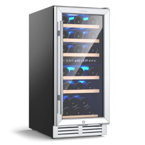 costway 15 5-inch, 30-bottle cellar with lock, glass door, memory temp control, freestanding & built-in mini fridge for bar kitchen home wine cooler refrigerator, 15 inch dual zone, black