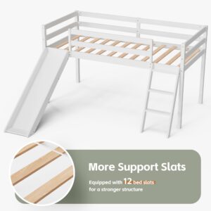 TOLEAD Low Loft Bed with Slide, Wood Twin Loft Bed Frame with Climbing Ladder & Storage Space for Kids Toddler (White)