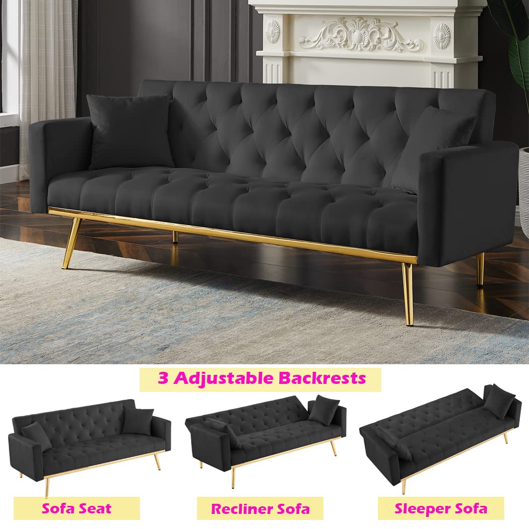 DNChuan Velvet Futon Sofa Bed,3 Seater/Plus-Loveseat Sleeper Sofa,Button Tufted with 2 Pillows and Gold Metal Legs, Easy Assembly-Black