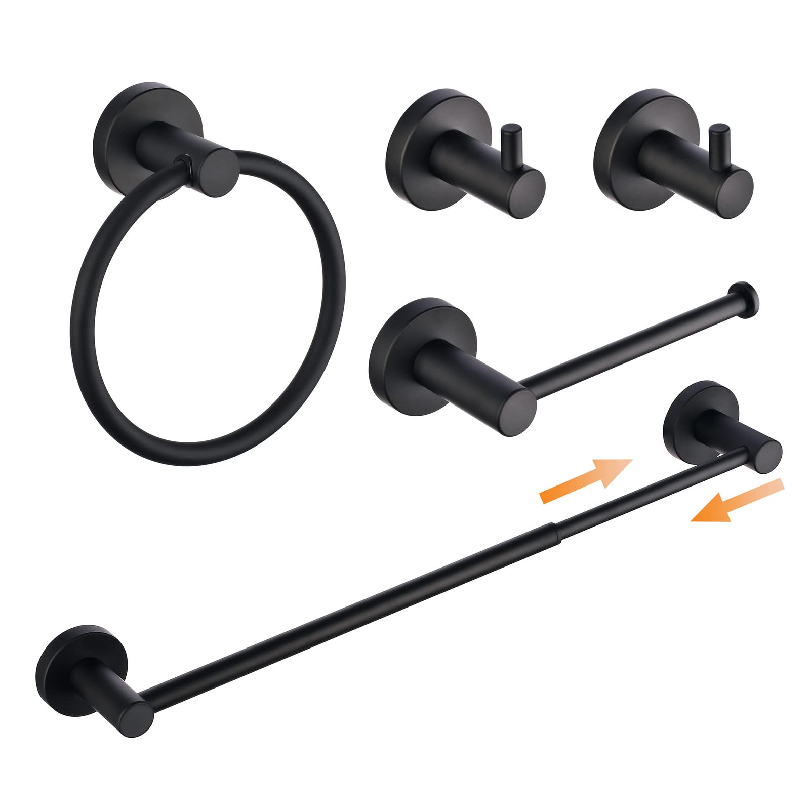 SHUNLI 5-Piece Bathroom Hardware Accessories Set Matte Black (Towel Bar Adjustable 16” to 26”, Toilet Paper Holder, Towel Ring, 2 PCS Towel Hook) Wall Mounted, SUS304 Stainless Steel