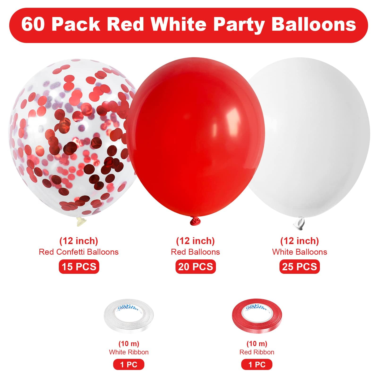 Red and White Confetti Balloons 60pcs 12 inch Red Confetti Latex Balloon Red White Party Decorations Birthday Wedding Bridal Baby Shower Valentines Day