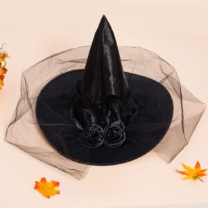 hoyuwak Black Witch Hat for Women Halloween Feather Witch Hat with Veil Roses Mesh Wizard Accessories for Women Girls Costume Dress Up Masquerade Cosplay