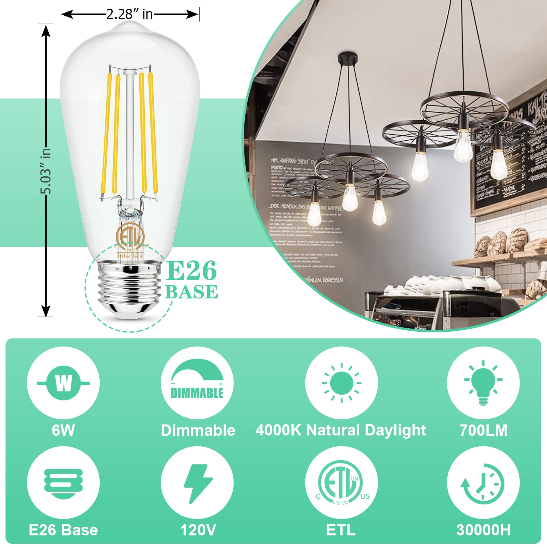 Hansang Dimmable Edison Light Bulbs E26 LED Bulb 60 Watt Equivalent, 4000K Natural Daylight Vintage Light Bulbs E26 Standard Base, Antique ST58 6W LED Filament Bulb,CRI 85+, Clear Glass, 700LM, 6 Pack