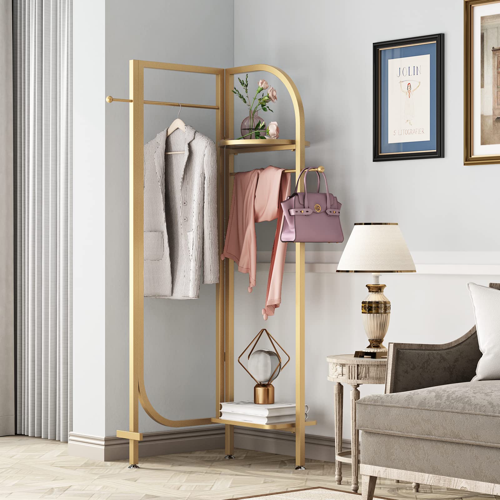 DOORXIFO Corner Gold Metal Clothing Racks,Heavy Duty Freestanding Clothes Racks Coat Rack for Hallway Entryway,Design Unique Garment racks Display Racks for Hanging Clothes