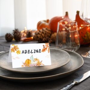 100 Pcs Thanksgiving Place Card Fall Table Place Card Pumpkin Place Card Guest Seating Tent Card Folded Name Card for Thanksgiving Bridal Shower Birthday Harvest Party Supplies, 3.5 x 3.9 Inch