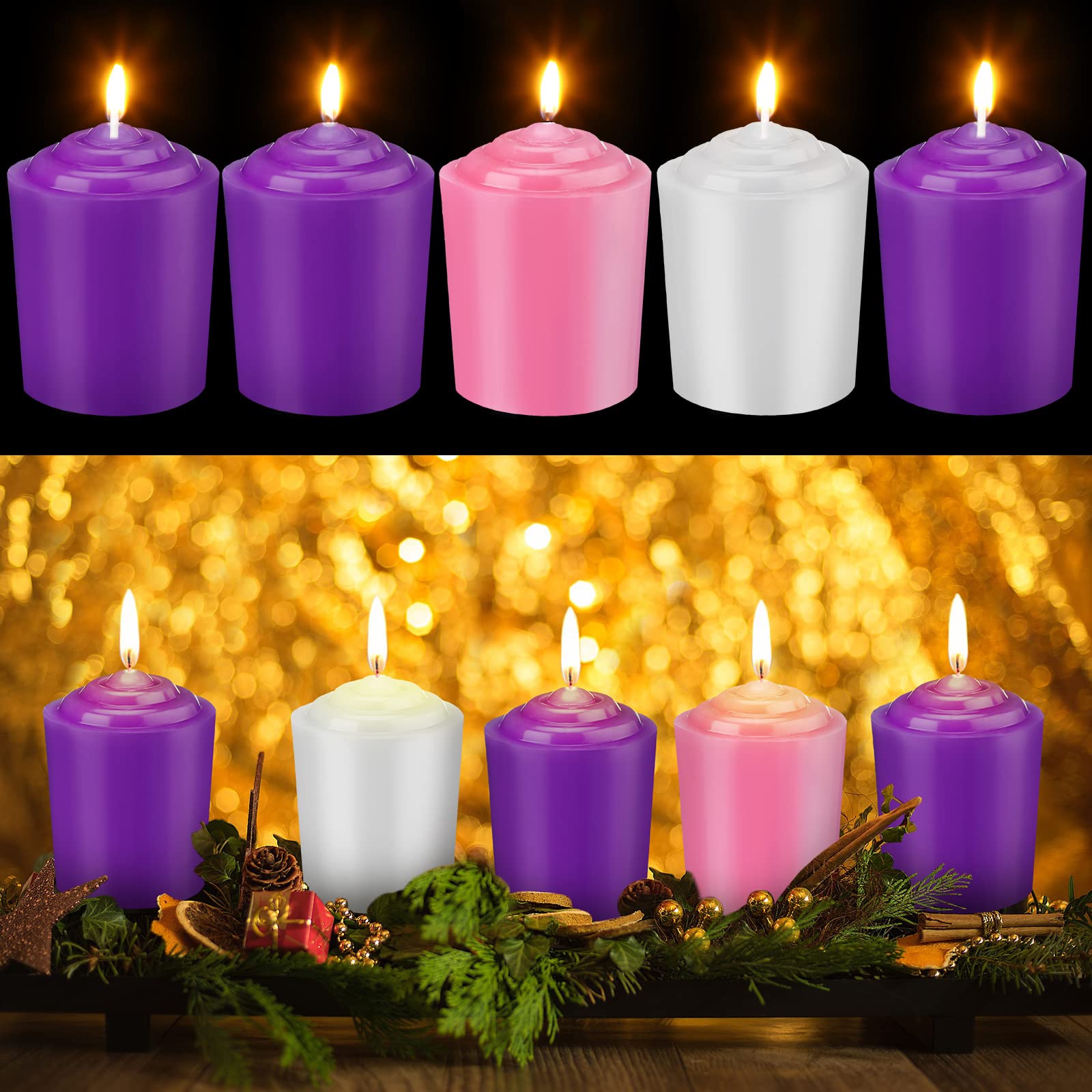 5 Pieces Advent Pillar Candle Set Christmas Round Advent Pillar Candles 3 Purple and 1 Pink and 1 White Wax Advent Wreath Candles for Home Decor Church Christmas Wedding Festivals, 1.5 x 2.3 Inch