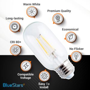 BlueStars Christmas Decoration T45 T14 Tubular E26 Edison LED Light Bulb 120V 5W (60W Equivalent), 2700K Warm White 550lm, Clear Glass for Ceiling Fan, Chandeliers, Pendant, Wall Scones, 3 Packs