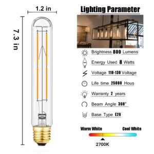 4 Pack T10 LED Bulb 8W Dimmable E26 Base Tubular Light Bulb 2700K Warm White 75W Equivalent 800lm 7.3in Bulb for Rustic Pendant, Wall scones Tube Light Bulbs Desk Lamp Vintage Edison Long Light Bulbs