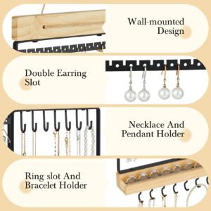 Feyejade Hanging Jewelry Organizer, 5-Tier Wall Earring Holder with Wooden Ring Groove, Jewelry Rack Wall Mounted for Earrings, Necklaces, Bracelets and Rings, Jewelry Holder Stand