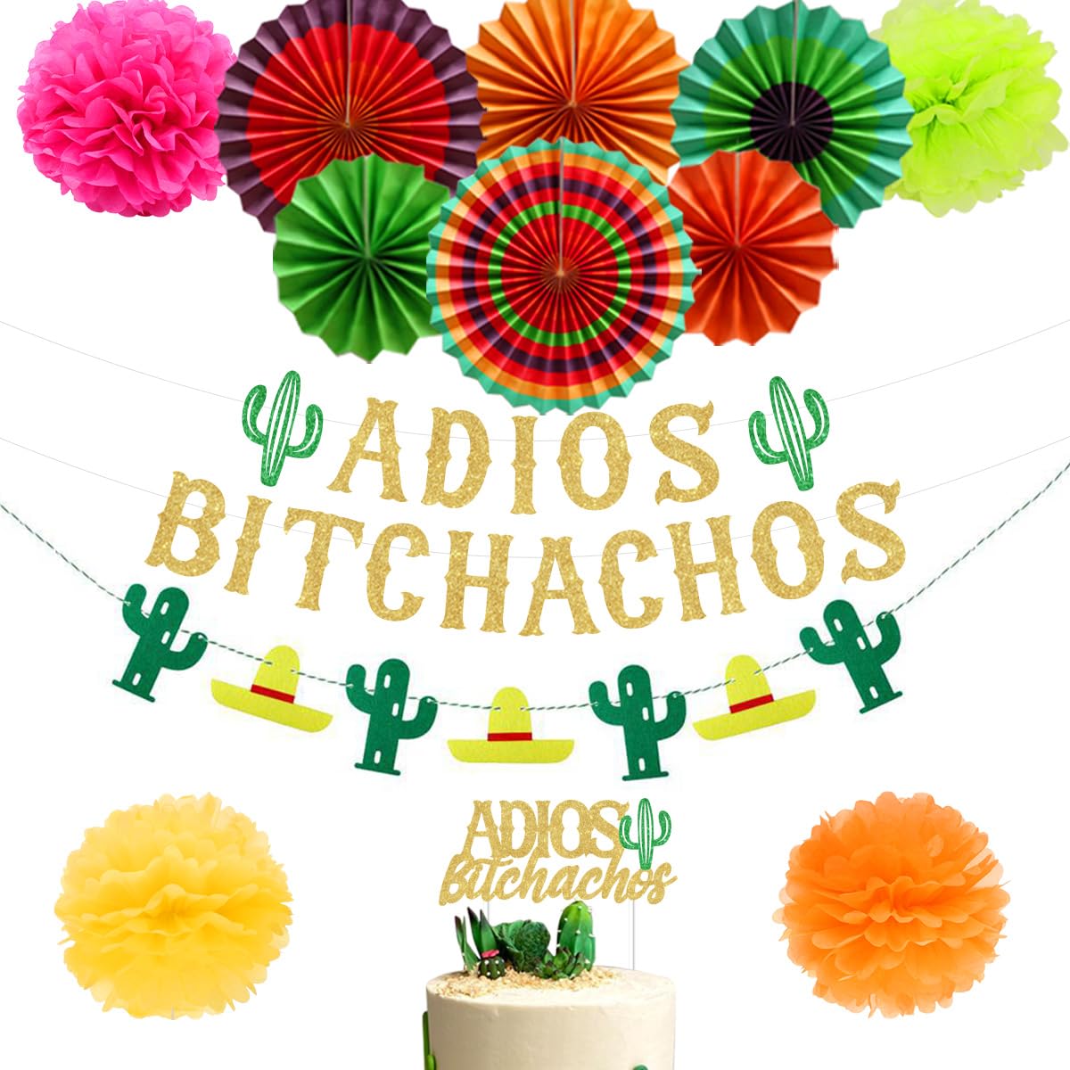 Sursurprise Adios Bitchachos Decorations Banner Cake Topper Paper Fan Pom Poms for Fiesta, Going Away, Farewell, Career Change, Retirement, College Graduation Party Supplies