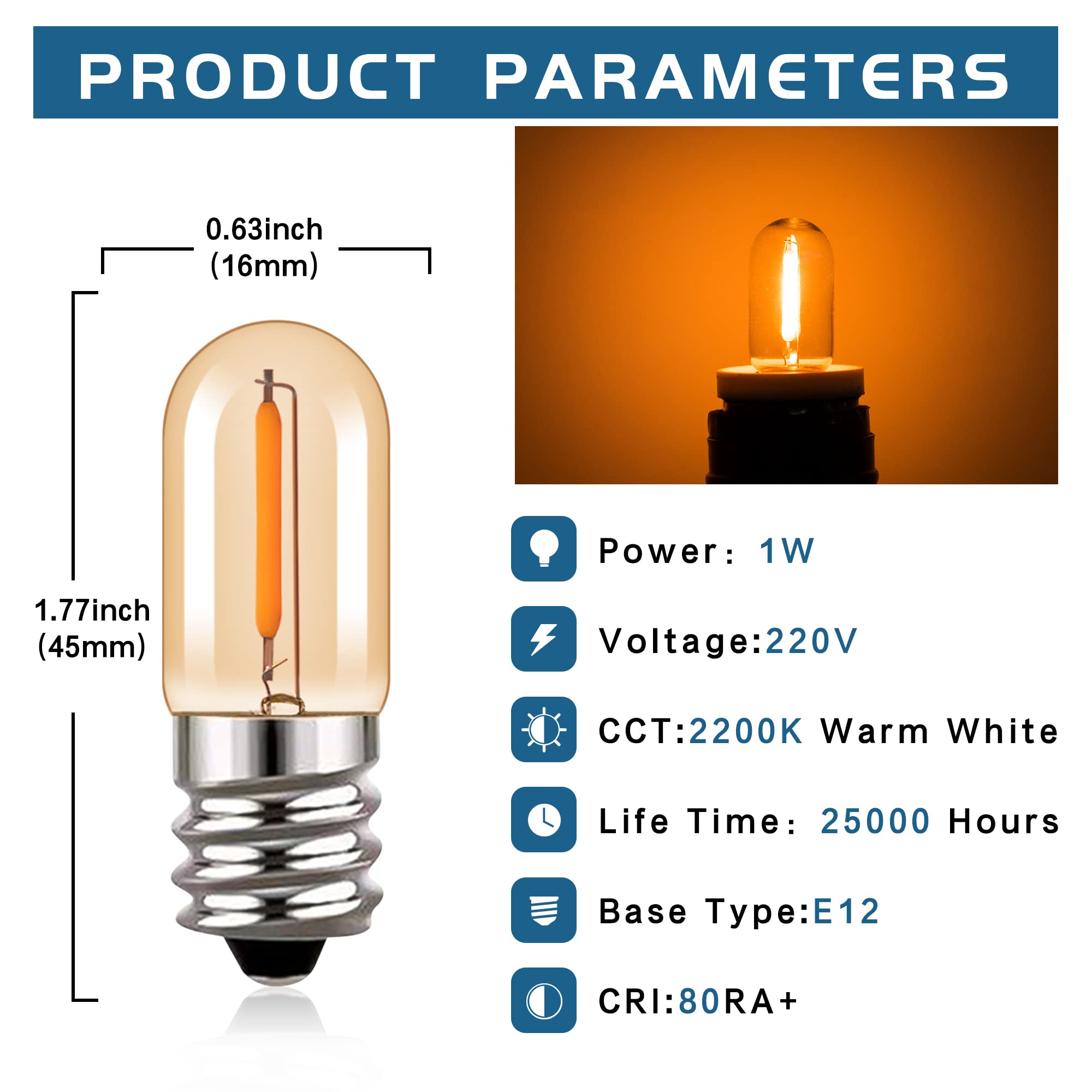 Hcnew LED Night Light Bulb T16 E12 Candelabra Base Small Light Bulbs Christmas Lights Salt Lamp Nightlight Replacement Bulb 1W Equivalent 10W Ultra Warm White 2200K Decorative Lighting,6 Pack