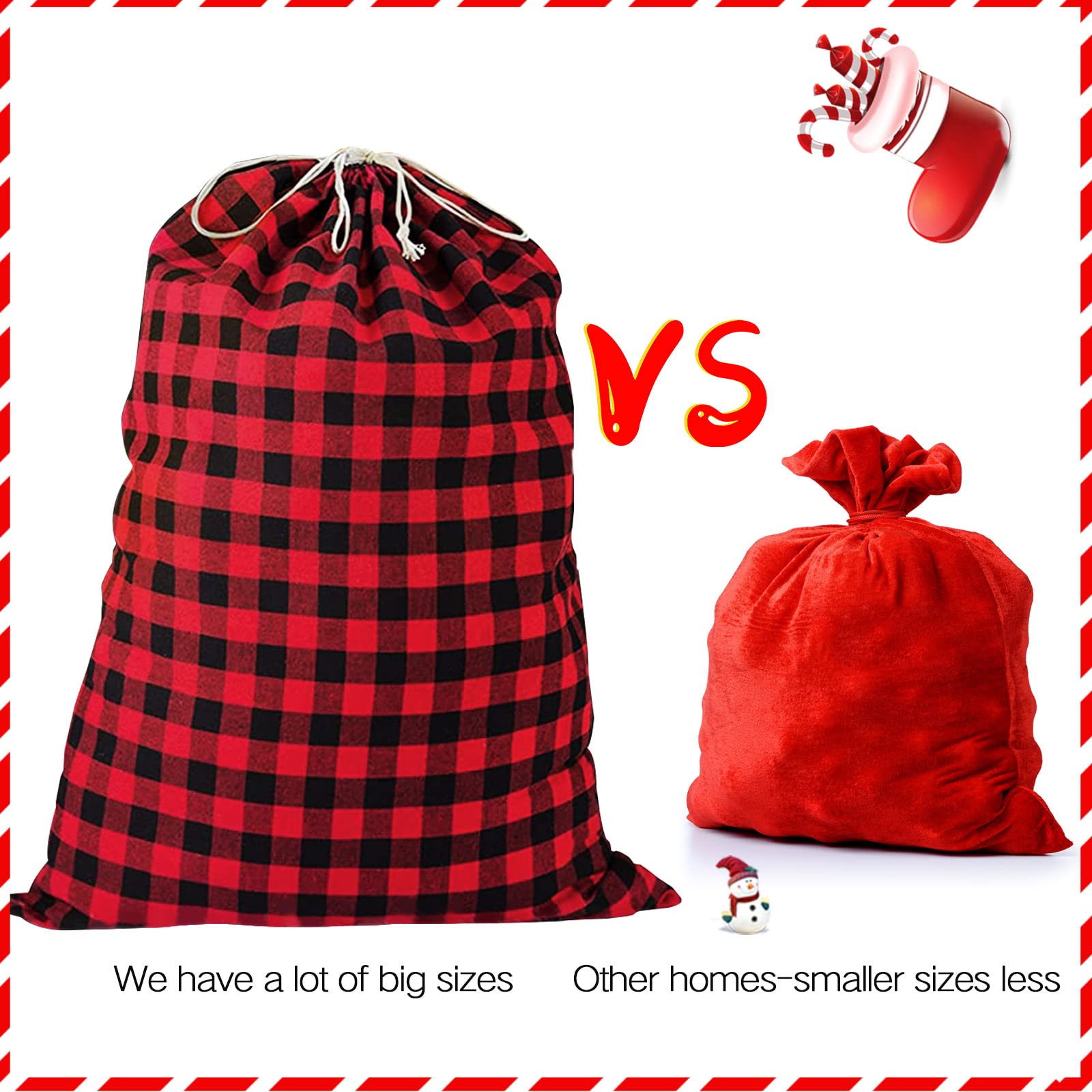 35''x55''Jumbo Christmas Drawstring Gift Bags,2PCS Cotton Santa Bag, Buffalo Plaid Christmas Gift Bags Santa Sack with Drawstring,Heavy Christmas Bags for Christmas Holiday Gift Giving and Party Decor