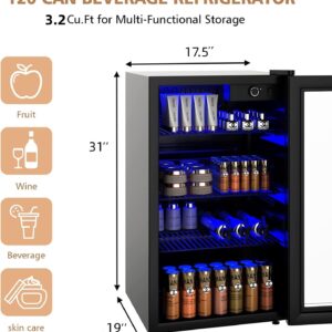 ORALNER Beverage Refrigerator Cooler, 120-Can Beverage Center w/Glass Door & Adjustable Shelf, Blue LED Light, 3.2 Cu.Ft Drink Wine Cooler for Beer Pop Soda, Mini Fridge for Basement, Garage, Dorm