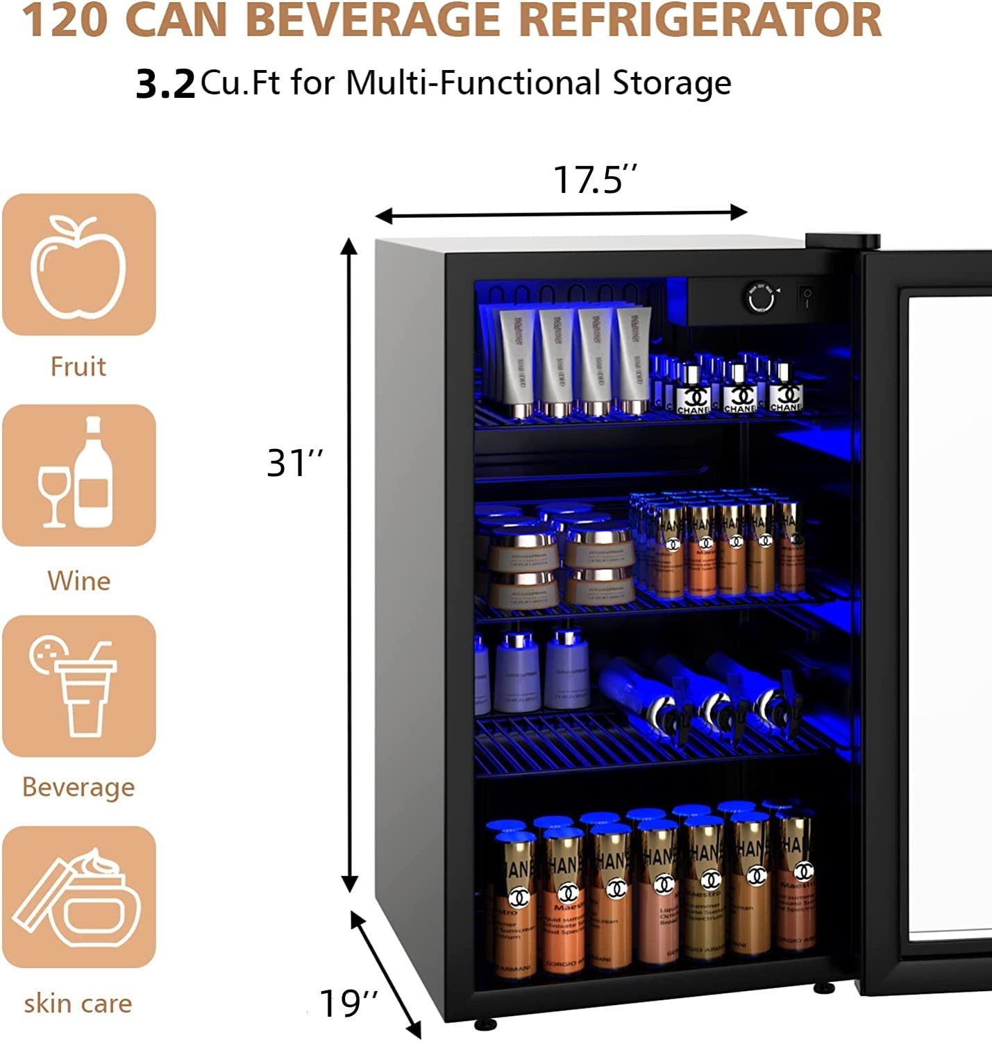 ORALNER Beverage Refrigerator Cooler, 120-Can Beverage Center w/Glass Door & Adjustable Shelf, Blue LED Light, 3.2 Cu.Ft Drink Wine Cooler for Beer Pop Soda, Mini Fridge for Basement, Garage, Dorm