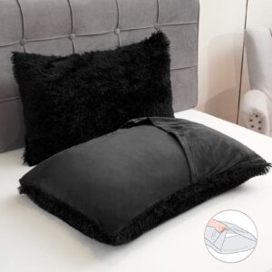 Fluffy Plush Black Duvet Cover Set, Luxury Ultra Soft Velvet Fuzzy Comforter Cover Bed Sets 4Pcs(1 Faux Fur Duvet Cover + 2 Pillow Cases + 1 Pillow Cover) Zipper Closure (Queen, Black)