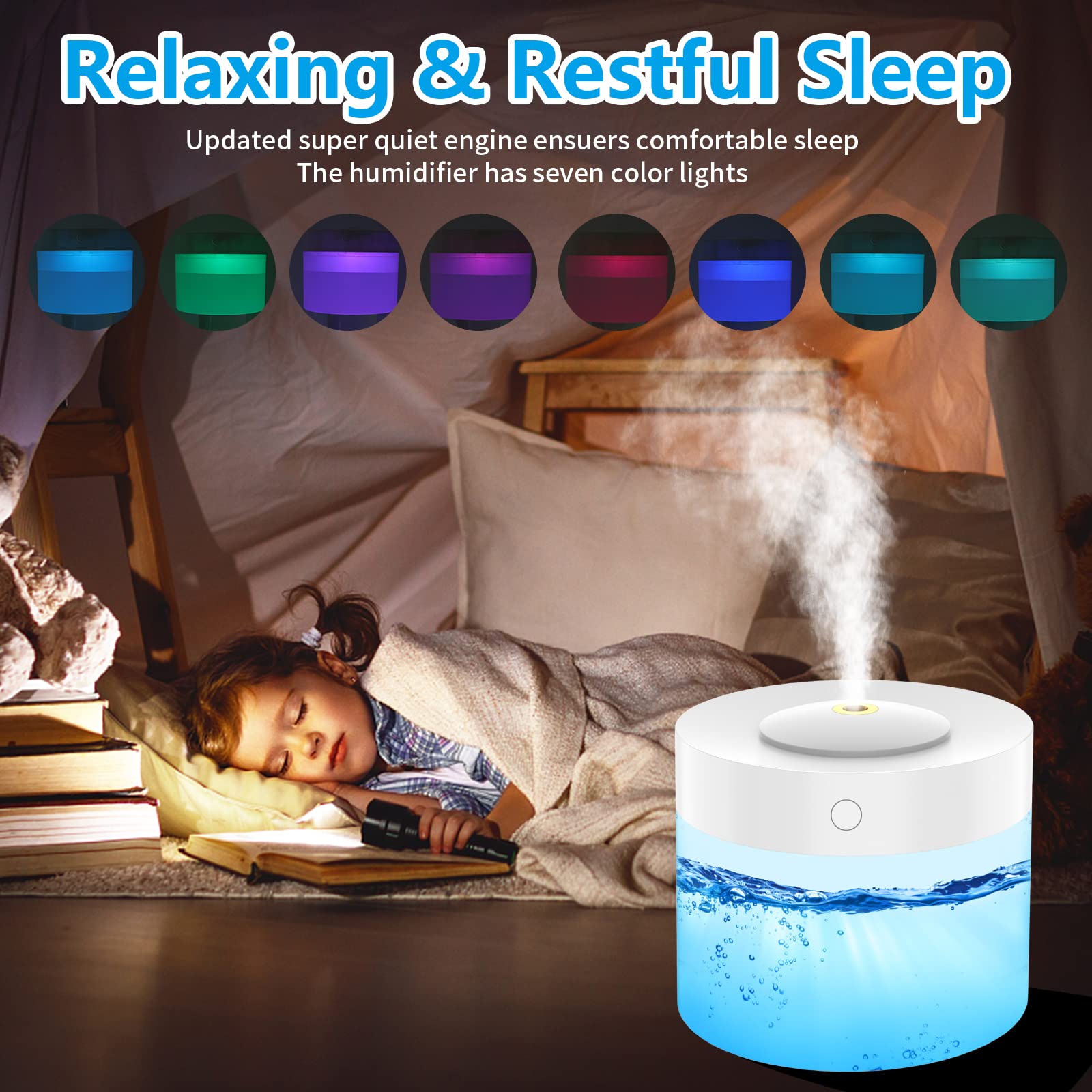 JTNFYUN Humidifier for Bedroom Cool mist humidifier with colorful lights for Home, Baby, Large Room with Auto Shut Off humidifier (1.2L, White)