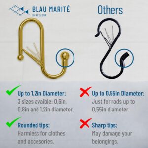 Blau Marité 10 Metalic S-Hooks with Anti-Fall System. Anti Drop S-Shaped Hook with Safety Buckle to Prevent Falls. Heavy Duty. (Golden, 3.25in Long (Diameter Rod<0.8in))