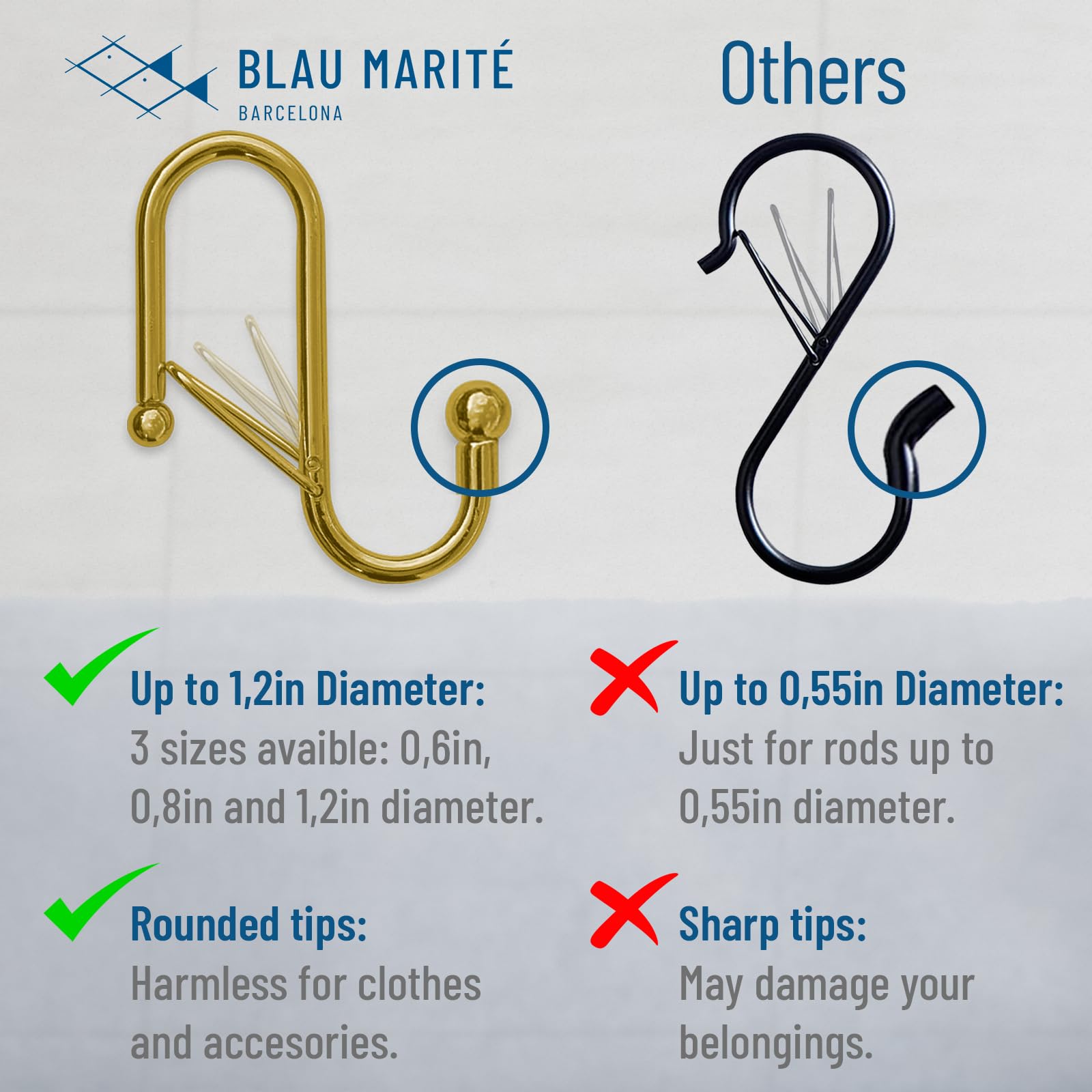 Blau Marité 10 Metalic S-Hooks with Anti-Fall System. Anti Drop S-Shaped Hook with Safety Buckle to Prevent Falls. Heavy Duty. (Golden, 3.25in Long (Diameter Rod<0.8in))