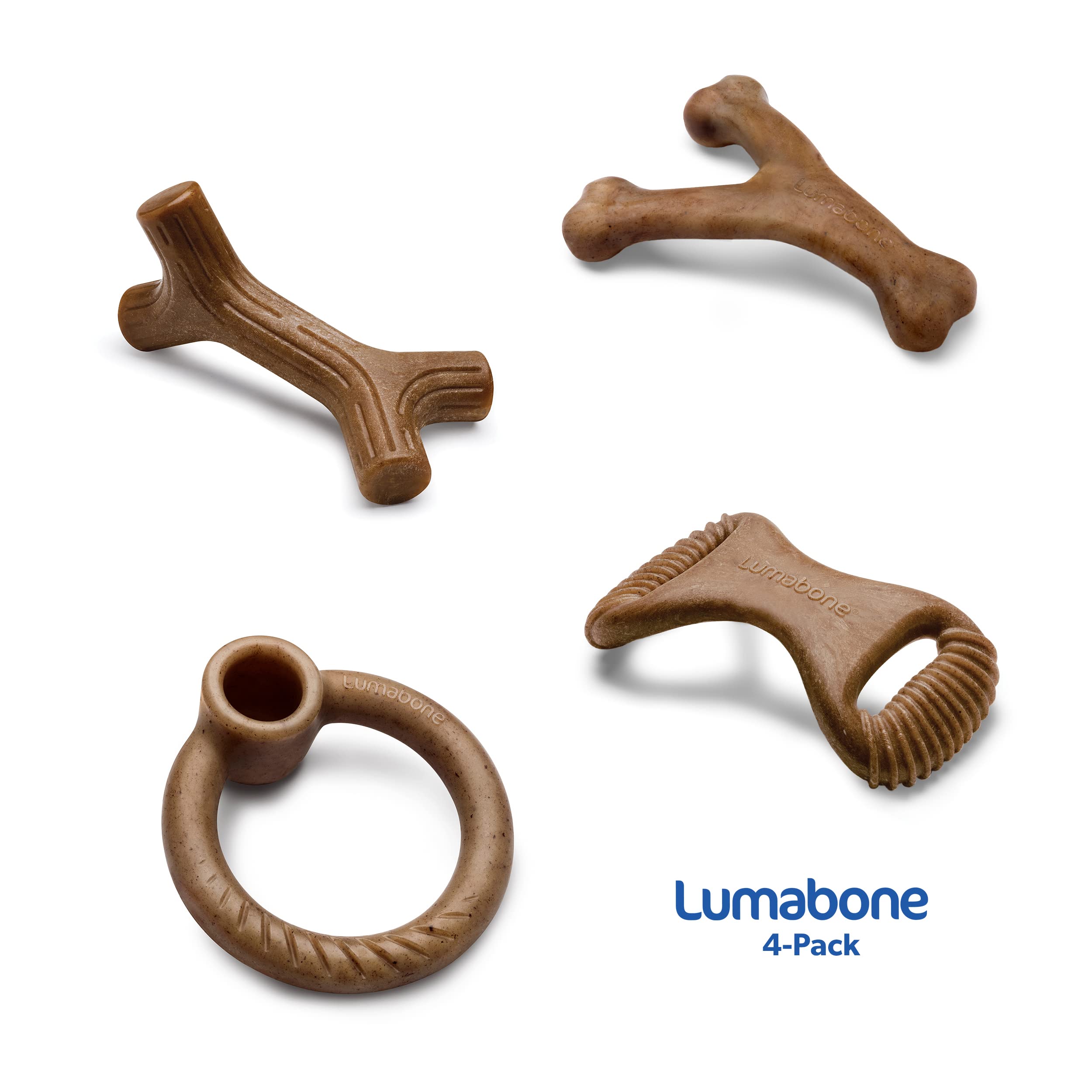 Lumabone Real Bacon Medium 4-Pack Durable Dog Chew Toys for Aggressive Chewers, Made in USA – Wishbone, Ring Stuffer, Dental Chew, Stick