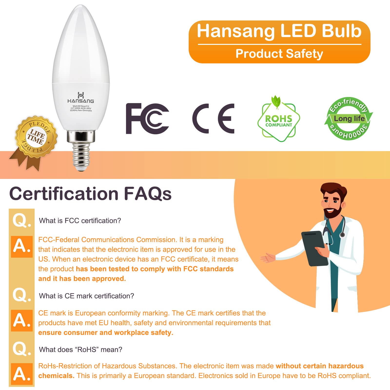 hansang E12 LED Candelabra Bulbs 3000K Soft White 6W 60Watt Equivalent, B11 Ceiling Fan Light Bulbs Small Base, C37 Type B Light Bulb for Chandelier, 600 Lumen, Non-dimmable, 6 Pack