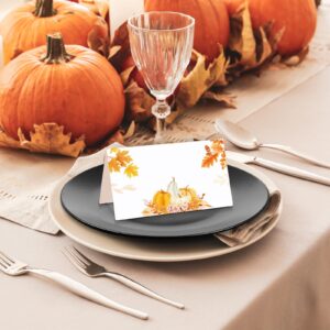 100 Pcs Thanksgiving Place Card Fall Table Place Card Pumpkin Place Card Guest Seating Tent Card Folded Name Card for Thanksgiving Bridal Shower Birthday Harvest Party Supplies, 3.5 x 3.9 Inch