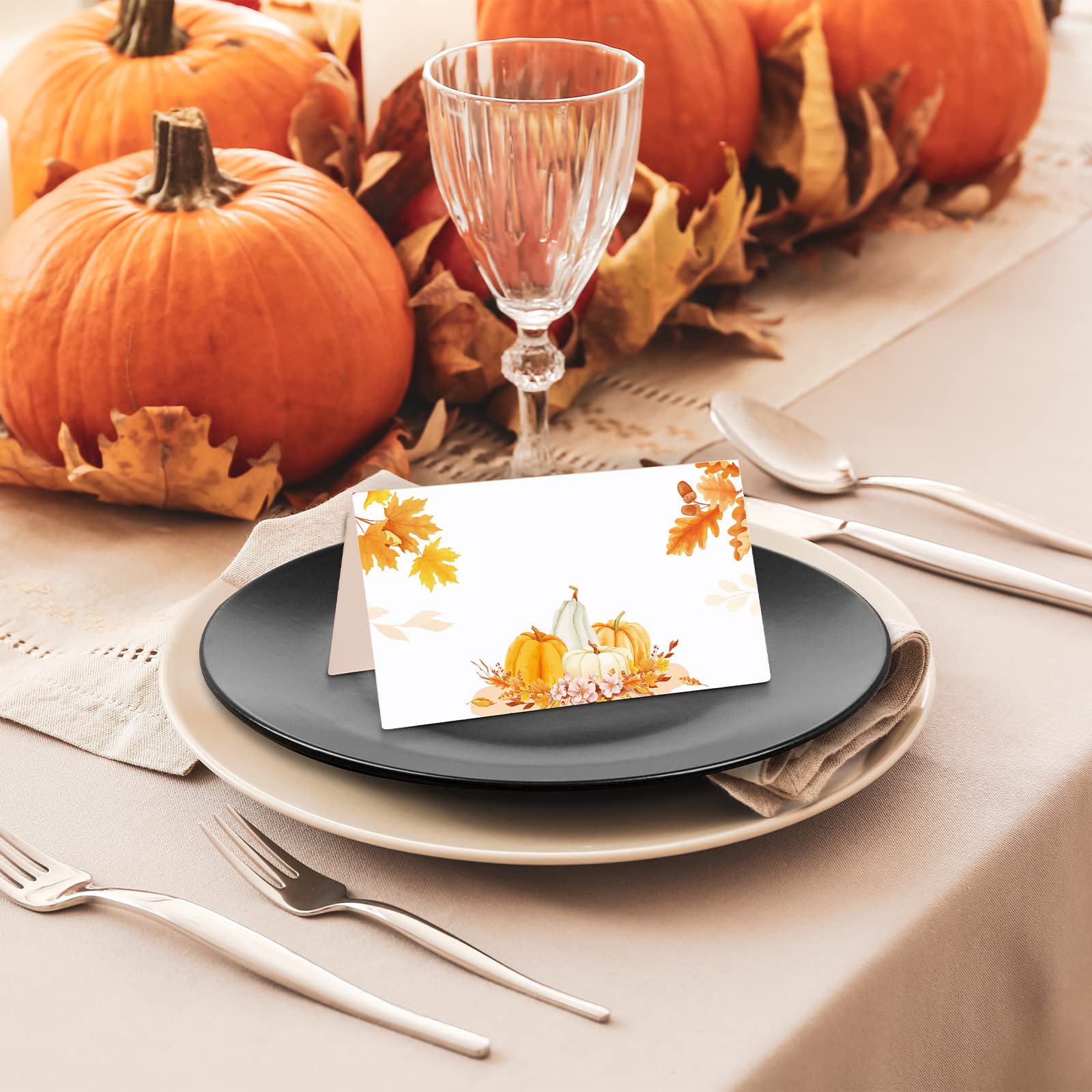 100 Pcs Thanksgiving Place Card Fall Table Place Card Pumpkin Place Card Guest Seating Tent Card Folded Name Card for Thanksgiving Bridal Shower Birthday Harvest Party Supplies, 3.5 x 3.9 Inch