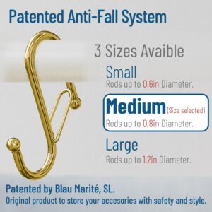 Blau Marité 10 Metalic S-Hooks with Anti-Fall System. Anti Drop S-Shaped Hook with Safety Buckle to Prevent Falls. Heavy Duty. (Golden, 3.25in Long (Diameter Rod<0.8in))