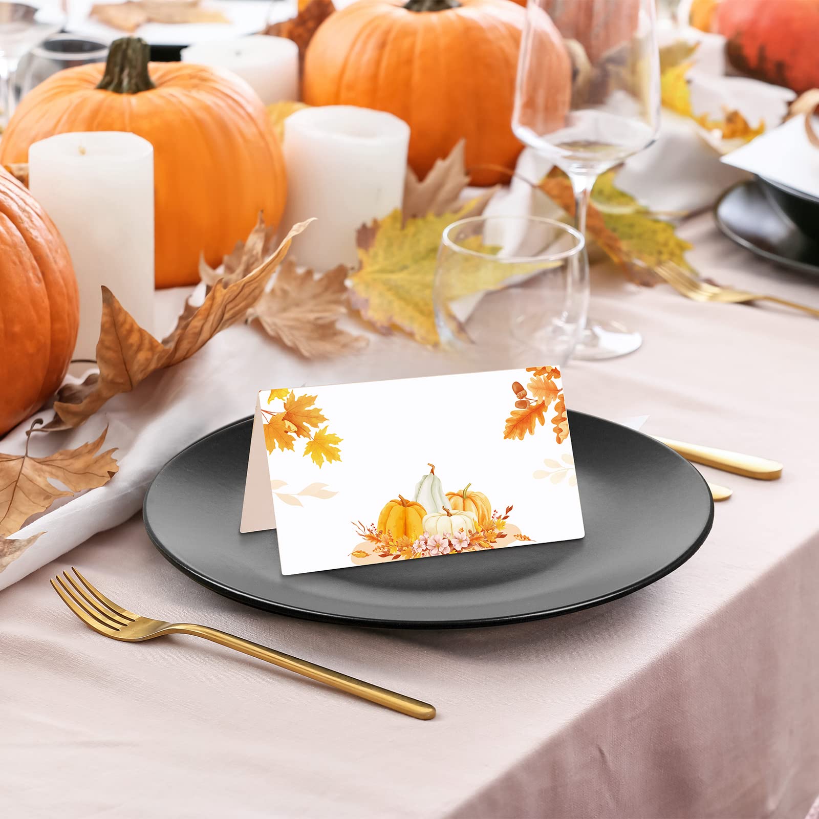 100 Pcs Thanksgiving Place Card Fall Table Place Card Pumpkin Place Card Guest Seating Tent Card Folded Name Card for Thanksgiving Bridal Shower Birthday Harvest Party Supplies, 3.5 x 3.9 Inch