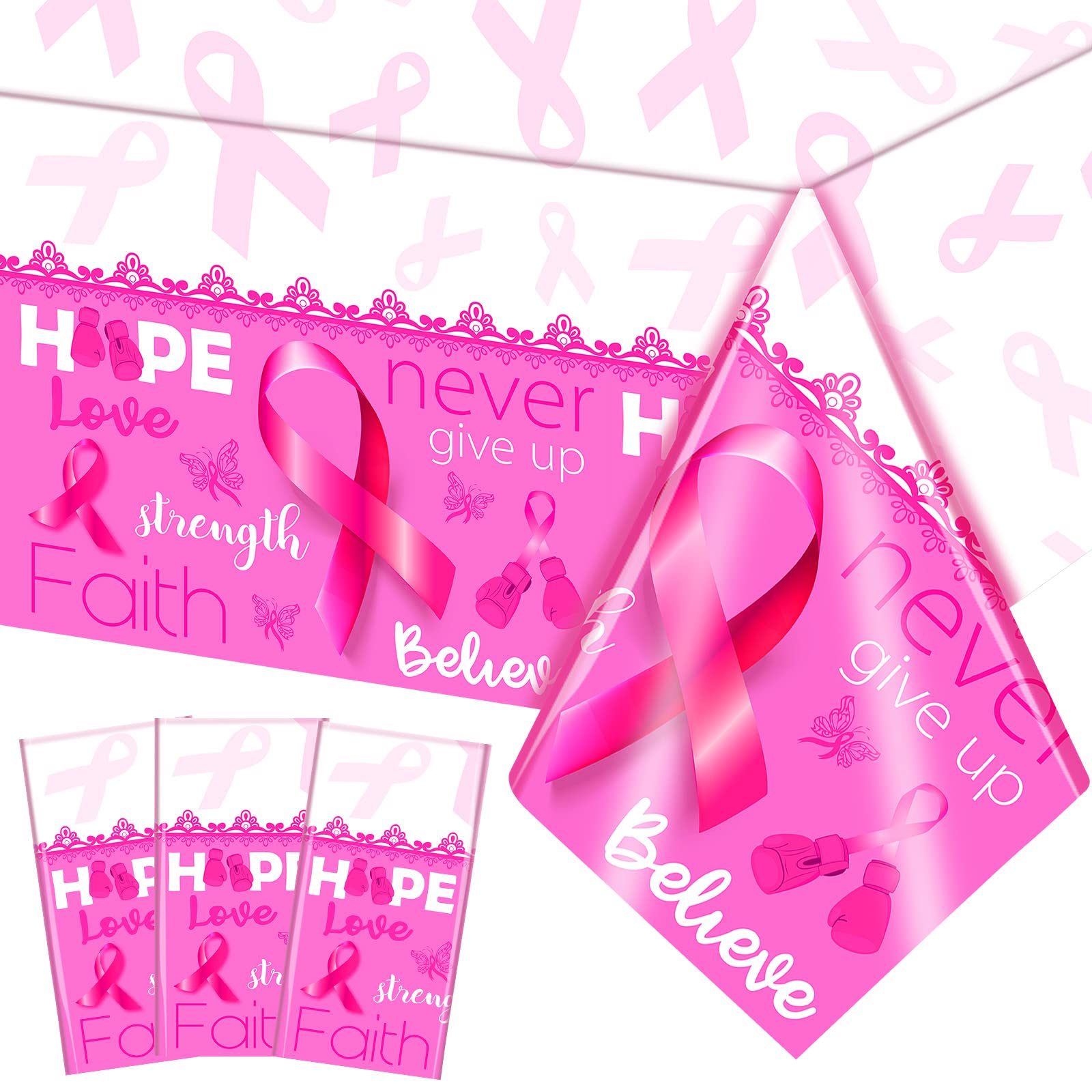 Breast Cancer Awareness Tablecloth Breast Cancer Party Supplies Disposable Pink Ribbon Plastic Tablecover Rectangle Breast Cancer Party Decorations for Women Indoor and Outdoor, 42.5 x 71 Inch (3 Pcs)