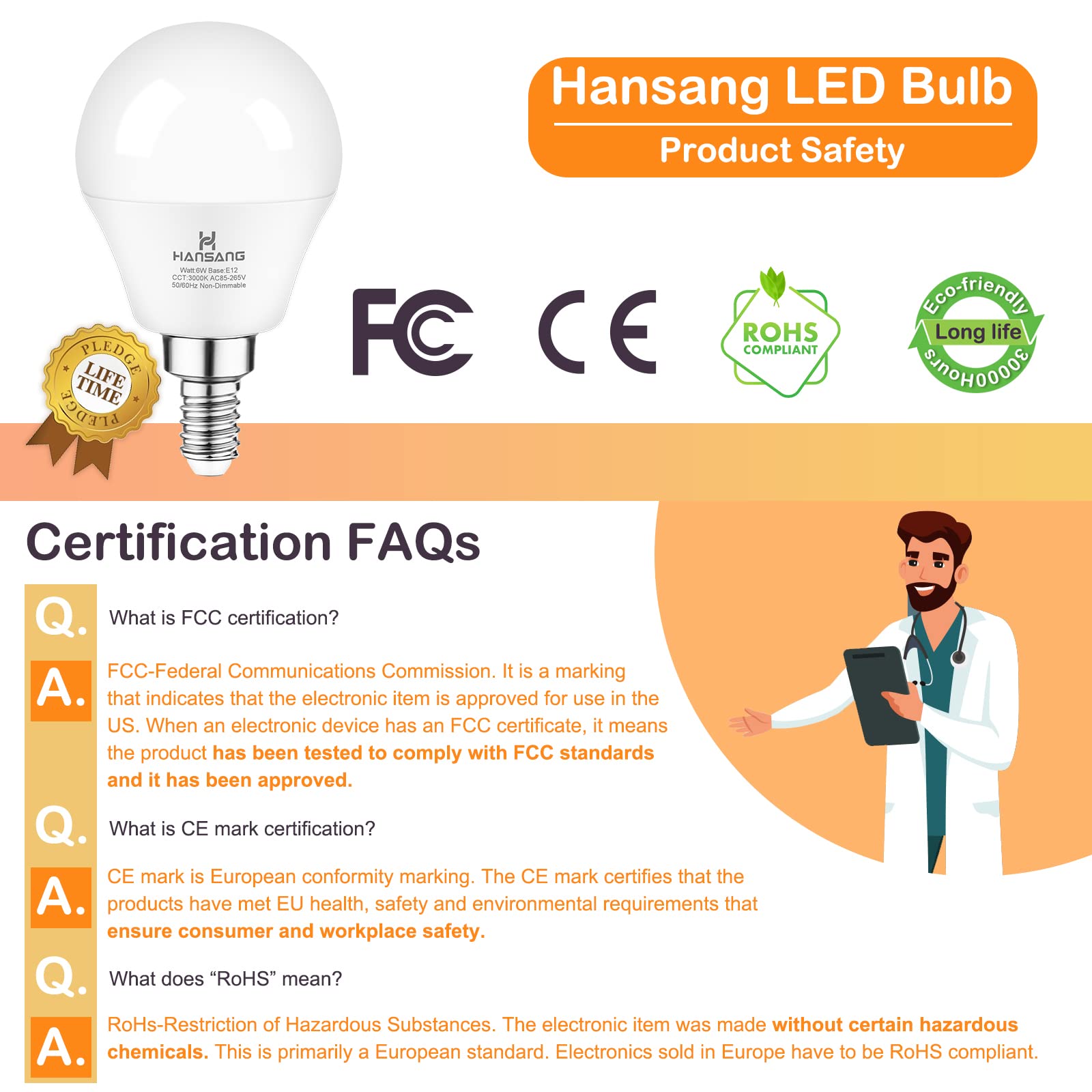 hansang Ceiling Fan Light Bulbs E12 Base 3000K Soft White, Small Base LED Candelabra Bulbs, A15 Chandelier Light Bulbs, 6W 60W Equivalent, 600LM, Non-dimmable, 6 Pack