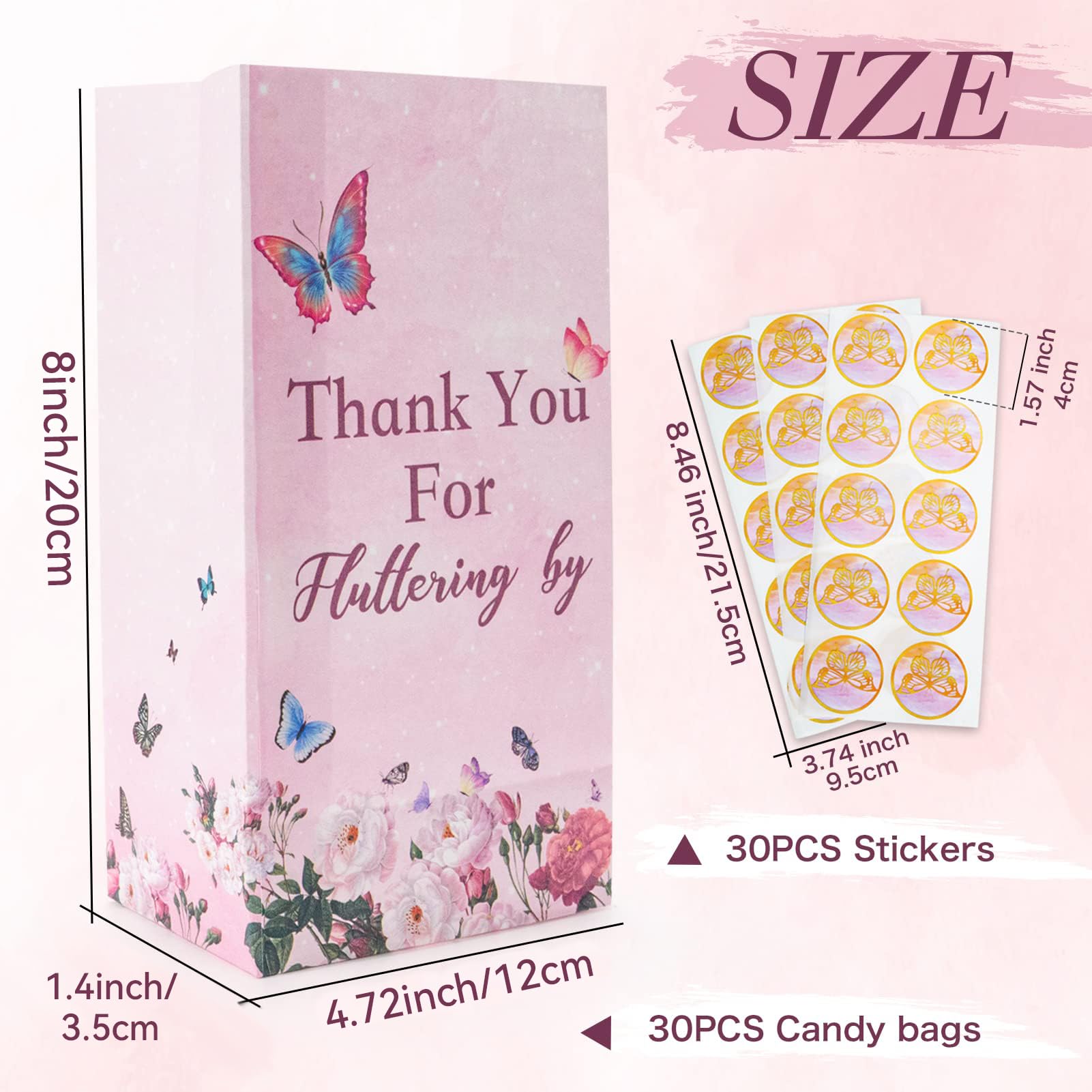 HEJIN Butterfly Candy Bags 30 PCS Gift bags with Stickers Pink and Purple - Thank you Party Favor Goodie Bags - Medium Butterflies Candy Treat Bags for Girls Kids Birthday Party, Baby Shower, Easter