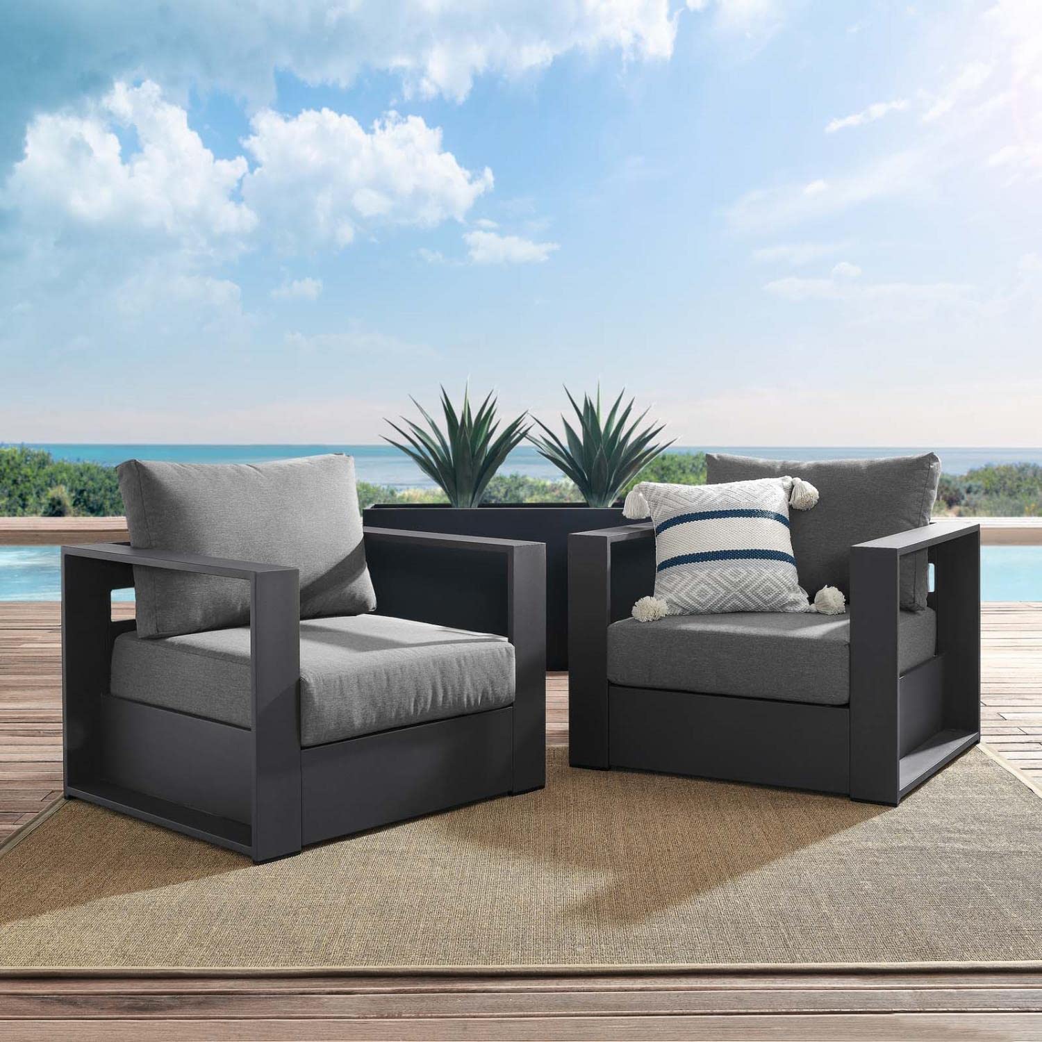 Modway Tahoe Fabric & Aluminum Outdoor Armchair in Charcoal/Gray (Set of 2)