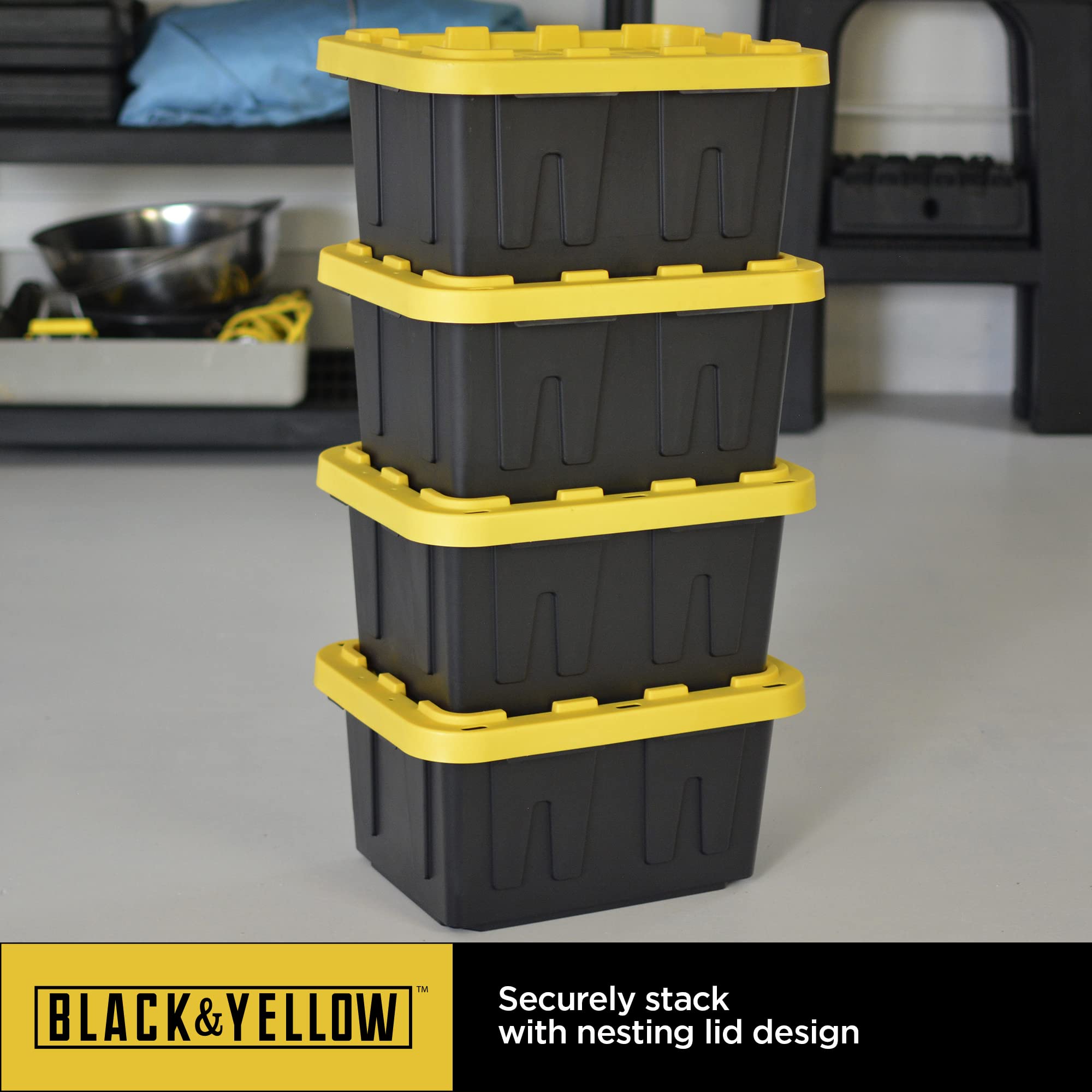 BLACK & YELLOW® 5-Gallon Tough Storage Containers with Lids, Stackable, Extremely Durable, [4-Pack]